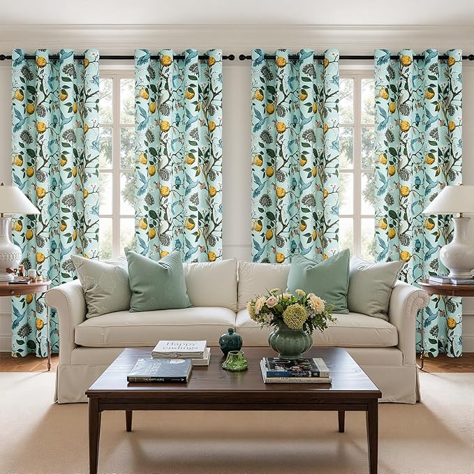 Topfinel Mint Green Curtains 63 Inch Length 2 Panels Cottagecore Tropical Sage Leaf Flower Hummingbird Lemon Patterned Energy Efficient Grommet Cute Green Drapery Treatment Nursery Classroom