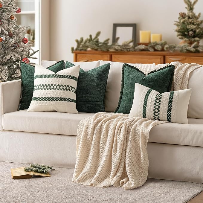 MIULEE Set of 2 Dark Green Boho Christmas Decorative Pillow Covers 20x20 Inch Farmhouse Rustic Couch Throw Pillows Modern Spring Cotton Cushion Cover Retro Macrame Woven Home Decor for Bed Sofa Chair
