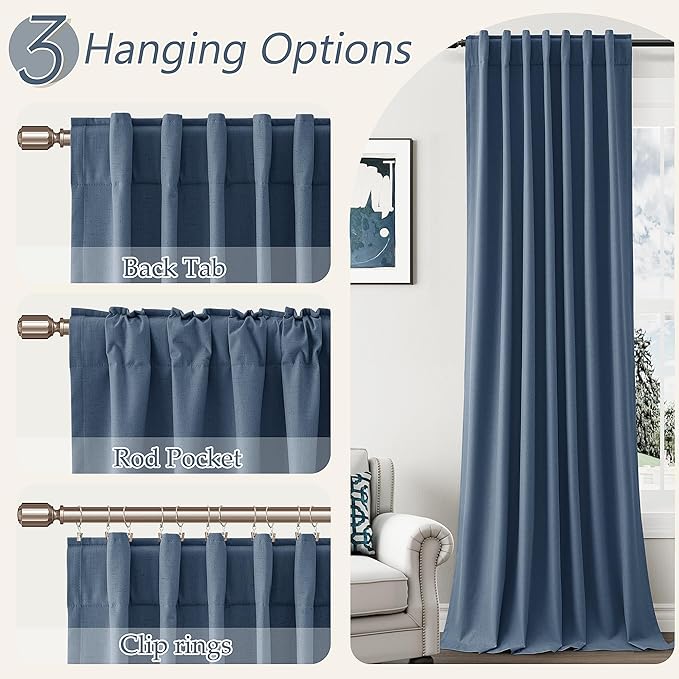 Denim Blue 100% Blackout Linen Curtains 120 Inch Length 2 Panels Set for Living Room Bedroom Back Tab Thermal Insulated Black Out Drapes Room Darkening Farmhouse Style for Bedroom Window Curtains