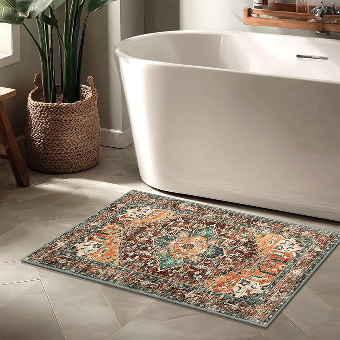 Yamaziot Washable Area Rug, 2x3 Small Entryway Rug Non-Slip Boho Vintage Rug with Rubber Backing, Polyester Soft Distressed Floor Carpet for Indoor Door Mat, Kitchen, Laundry Bathroom