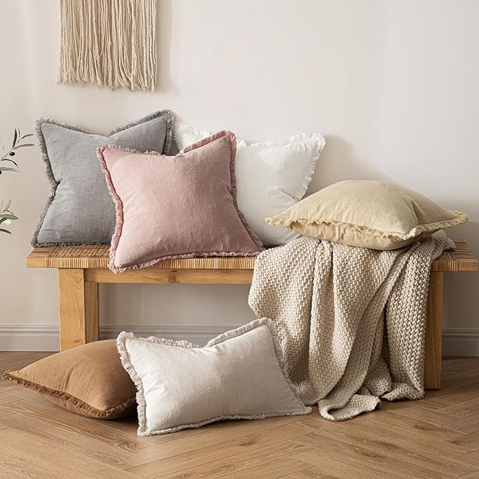 MIULEE Decorative Throw Pillow Covers Neutral Linen Fringe Throw Pillows Set of 2 White Boho Farmhouse Cushion Covers with Tassels for Couch Sofa Bed Living Room Spring Home Decor 20x20 Inch