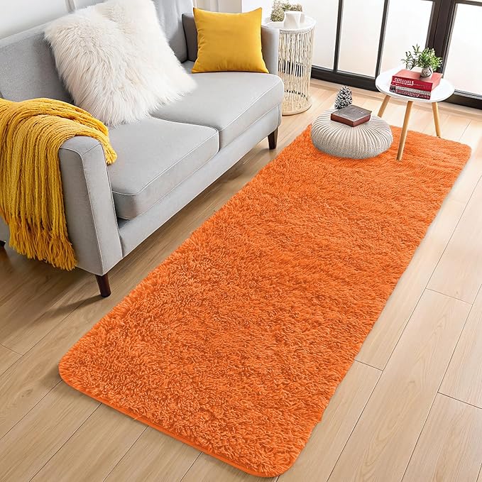 OLANLY 2x8 Machine Washable Runner Rugs for Hallway, Soft Fluffy Shaggy Bedside Rugs for Bedroom, Living Room, Indoor Floor Carpet for Kids Girls and Boys, Nursery Rooms, Home Decor Aesthetic, Orange