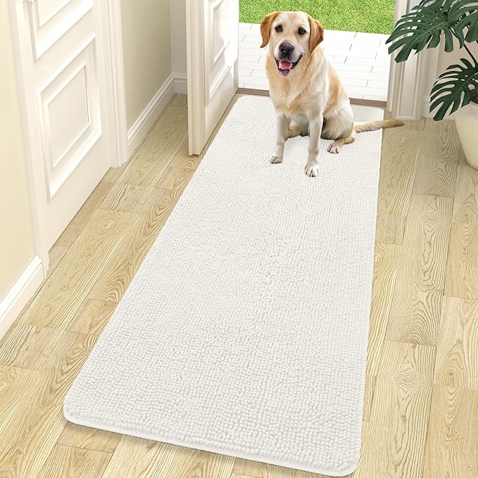 OLANLY Dog Door Mat for Muddy Paws 70x24, Absorbs Moisture and Dirt, Absorbent Non-Slip Washable Doormat, Quick Dry Chenille Mud Mat for Dogs, Entry Indoor Entryway Carpet for Inside Floor, Ivory