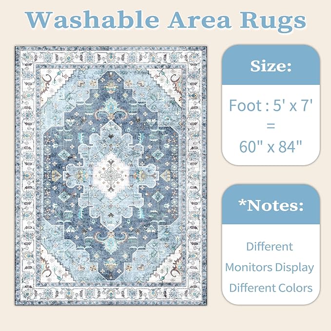 SERISSA Boho Area Rug 5x7 Blue, Washable Large Rugs for Living Room, Ultra Soft Non-Slip Bedroom Rug Print Distressed Vintage Oriental Farmhouse Carpet Rug for Dining Room Dorm Office Home Decor