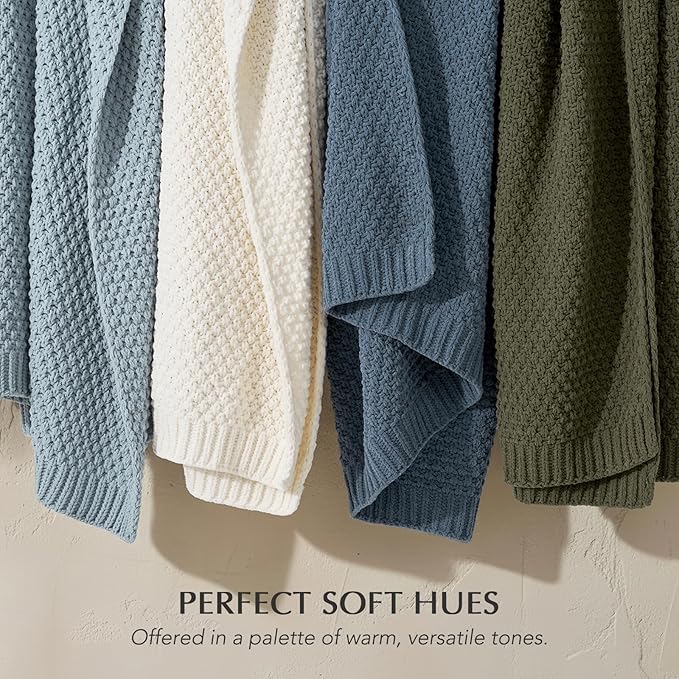 EVERGRACEHOME Chunky Chenille Knit Throw Blanket for Couch, Soft Luxurious Moss Stitch Blankets for Bed, Cozy Decorative Farmhouse Knitted Throws for Sofa, Chambray Blue, 50" x 60"