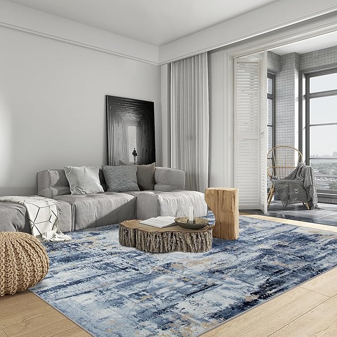 8x10 Area Rugs Washable Rug: Large Modern Abstract Living Room Rug Soft Anti-Skid Thin Carpet Indoor Floor Non-Shedding Carpets for Bedroom Dining Room Farmhouse Nursery Home Office Blue Gold
