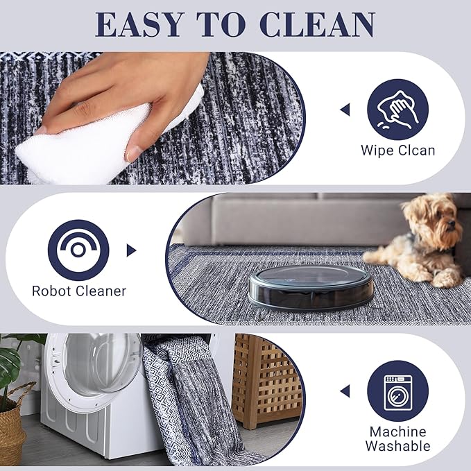 GarveeHome 6x9 Large Washable Area Rug Modern Bordered Rug Distressed Geometric Floor Carpet, Soft Non Slip Low Pile Non Shedding Rug, Indoor Navy Blue for Bedroom, Living Room