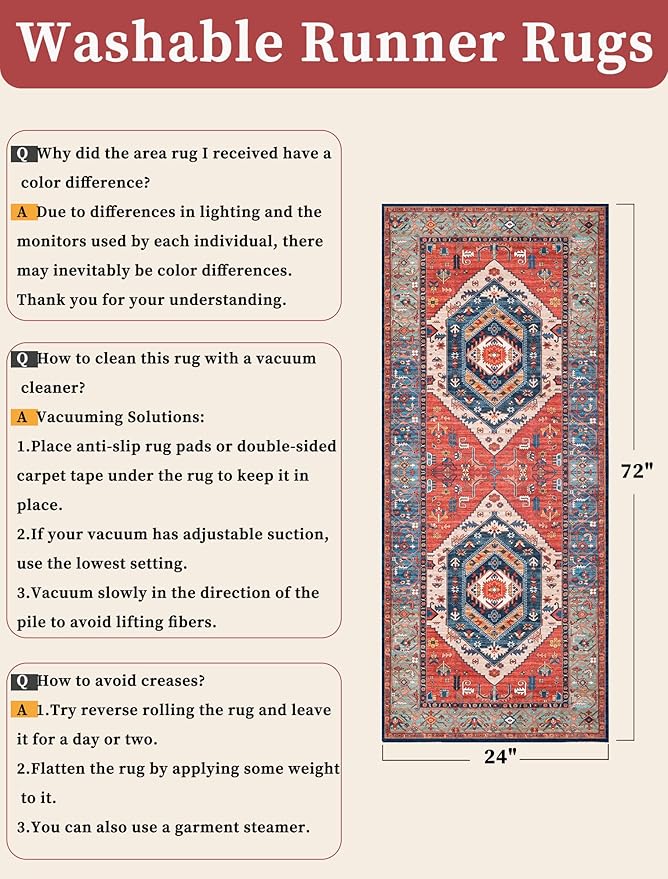 SERISSA Boho Washable Runner Rug, 2x6 Rug Runner Non-Slip Vintage Rust Hallway Kitchen Runner Rug Ultra Soft Print Distressed Tribal Floor Carpet Runner for Bedroom Bathroom Laundry Living Room
