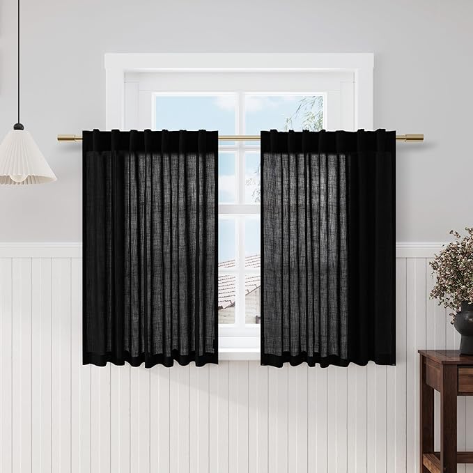 Nanspring Black Short Linen Textured Curtains 40 Inches Long 2 Panels Set for Bedroom Small Window Curtain Back Tab Rod Pocket Semi Sheer Light Filtering Drapes for Kitchen Cafe Living Room W52xL40