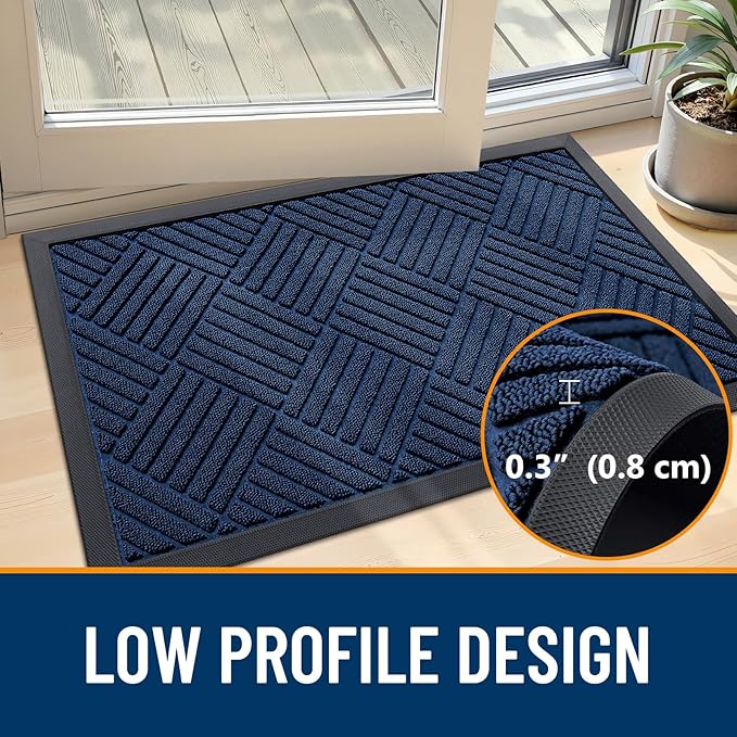 OLANLY Front Door Mat Outside Entrance 29.5x17, Absorbent, Heavy Duty Sturdy Natural Rubber Doormat Indoor Outdoor, Stain Fade Resistant, Non-Slip Low Profile Floor Mat for Entryway, Navy Blue Diamond