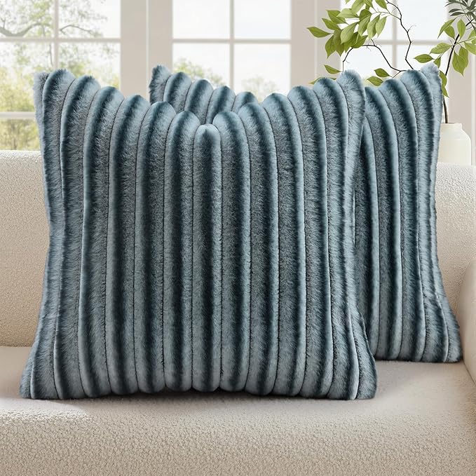 decorUhome Cozy Faux Fur Throw Pillow Covers 22x22 Set of 2 Decorative Soft Plush Striped Modern Farmhouse Boho Couch Euro Sham Pillow Cases with Velvet Back for Sofa Bed Living Roomr, Blue Grey