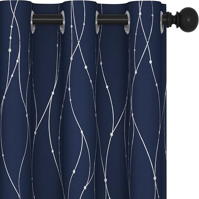 Deconovo Short Kitchen Curtains, Navy Blue Blakcout Curtain 38 x 36 Inch, Thermal Insulated Soundproof Drapes with Silver Wave Dots Prit, Grommet Top, Machine Washable for Nursery Bedroom Living Room
