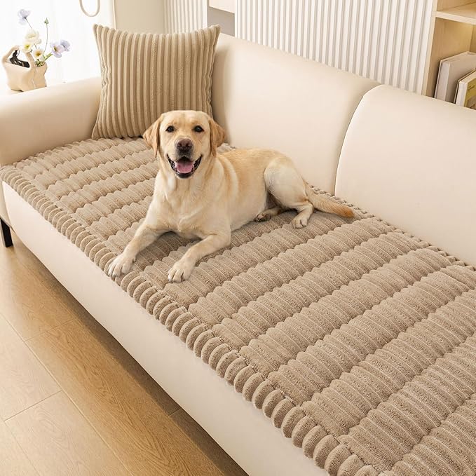 Smiry Couch Cover for Dogs Washable, Non Slip Fuzzy Pet Couch Covers for 3 Cushion Sofa Pet Friendly, Thick Soft Sofa Slipcovers Cushion Protector (Khaki, 27.6" x 47")