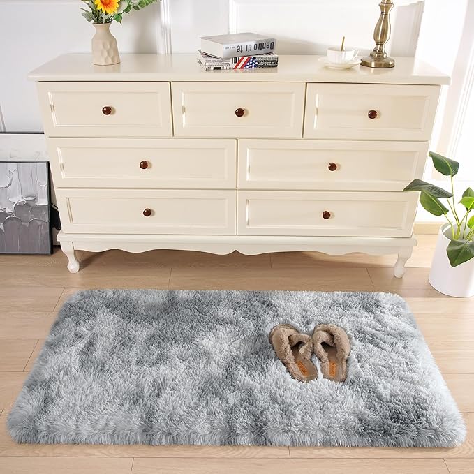 Chicrug Soft Runner Rugs for Bedroom Living Room Plush Fluffy Rug 2x4 Feet, Shag Furry Area Rug Carpet Non Shedding for Nursery Children Kids Girls Room Home Decorative, Grey and White