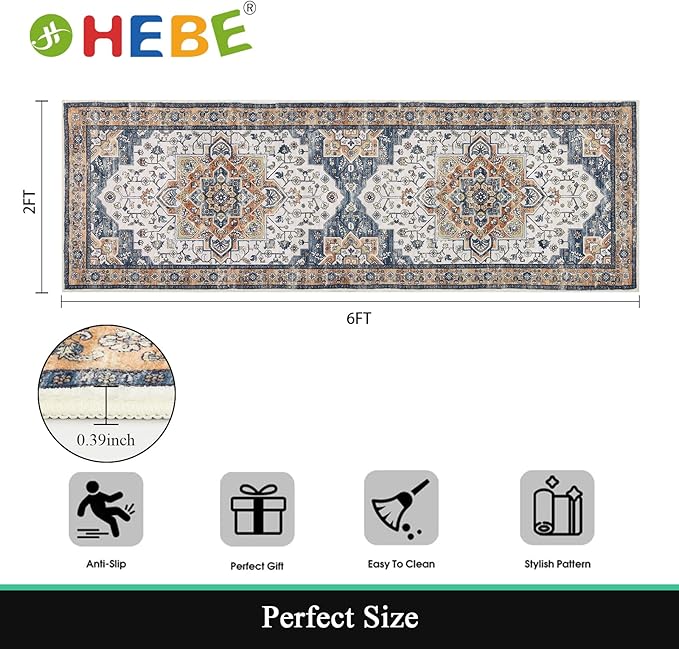 HEBE Hallway Runner Rug 2'x6' Washable Vintage Distressed Area Rugs Non Slip Laundry Rug Runner Boho Floor Carpet Runners for Hallways Entryway Laundry Room Kitchen Bathroom