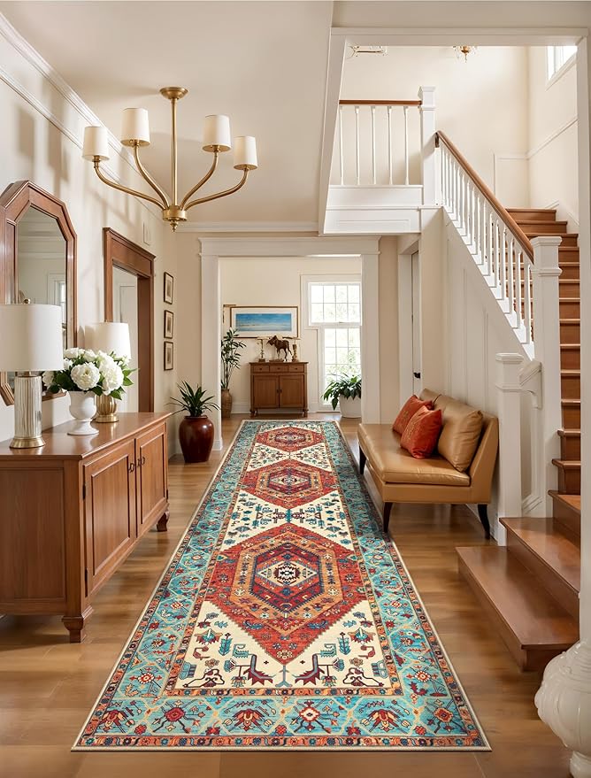 SERISSA Runner Rug for Hallways, 3x8 Washable Non Slip Kitchen Runner Rug, Long Boho Rug Vintage Orange Hallway Stair Ultra Soft Print Floor Carpet for Bedroom Bathroom Laundry Room