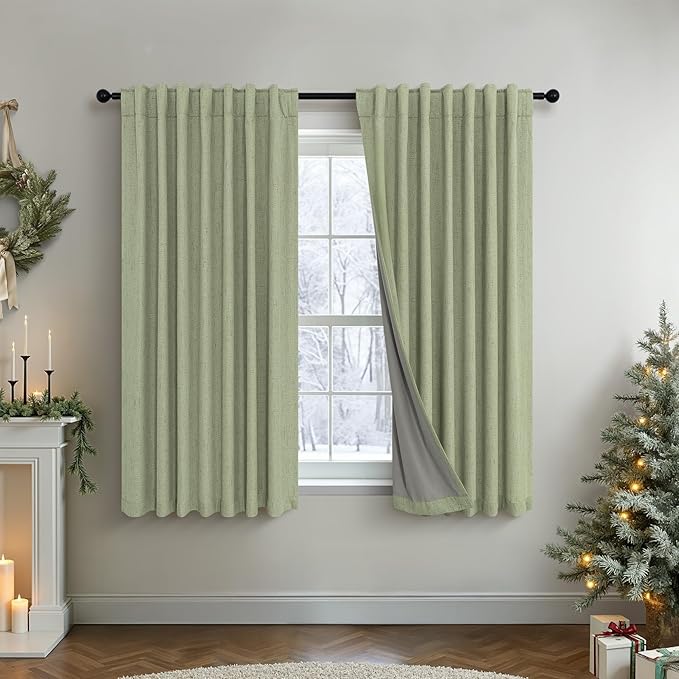 Light Sage Blackout Curtains for Bedroom Aesthetic 54 Inch Long 2 Panel Thermal Insulated Darkening Vintage Curtains for Small Window Short Length Classroom Playroom Linen Look Cottage Core Sage Green