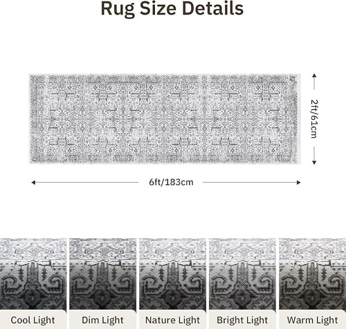 2x6 Hallway Washable Runner Rug - Soft Non Slip Vintage Rugs for Entryway Low-Pile Farmhouse Neutral Kitchen Runners Living Room Floor Mat Stain Resistant Distressed Carpet for Bedroom Bathroom Grey