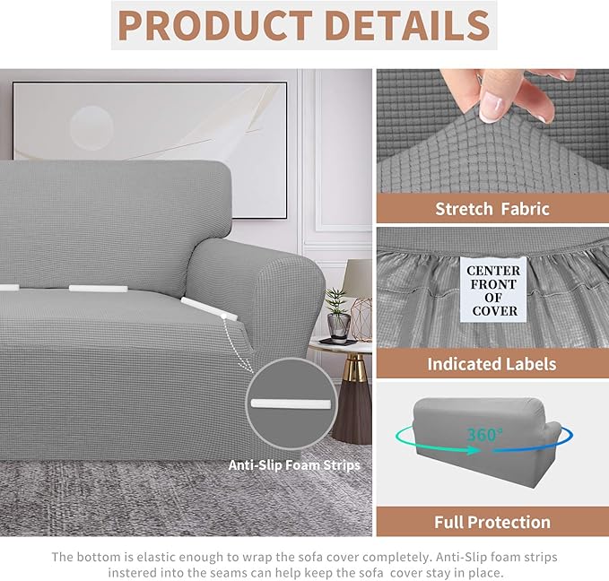 Easy-Going 100% Waterproof Couch Cover, Dual Waterproof Sofa Cover, Stretch Jacquard Sofa Slipcover, Leakproof Furniture Protector for Kids, Pets, Dog and Cat (Sofa, Light Gray)