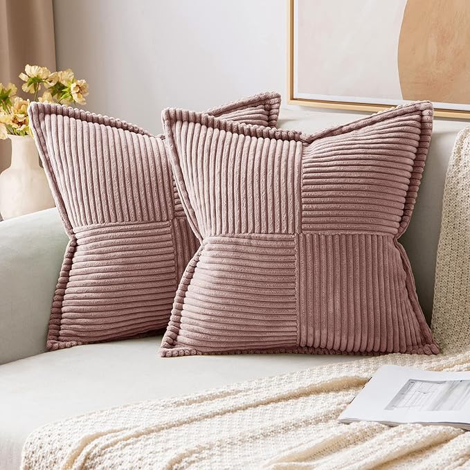 MIULEE Blush Pink Corduroy Decorative Euro Sham Pillow Covers 24x24 Inch with Splicing Set of 2 Soft Boho Pillow Covers Broadside Textured Pillowcases for Couch Bed Livingroom