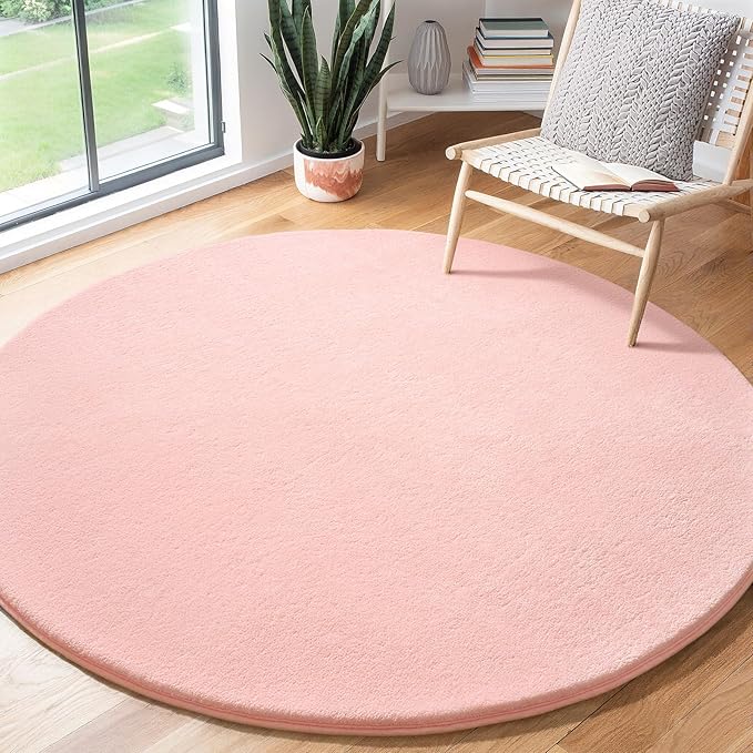 Amearea Pink Round Area Rugs 4ft Washable Circle Rugs for Bedroom Living Room, Fluffy Indoor Thickened Memory Foam Rug, Non Slip Minimalist Circular Carpet for Kids Boys Girls Dorm Nursery Room Decor