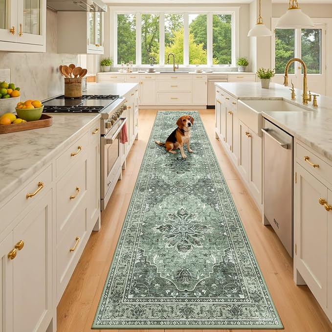 Area Rugs 2'x10' Runner Rug Non Slip Washable for Kitchen Hallway Bedroom Beside Laundry Room Bathroom Rug, Floor Carpet, Dark Green Gray