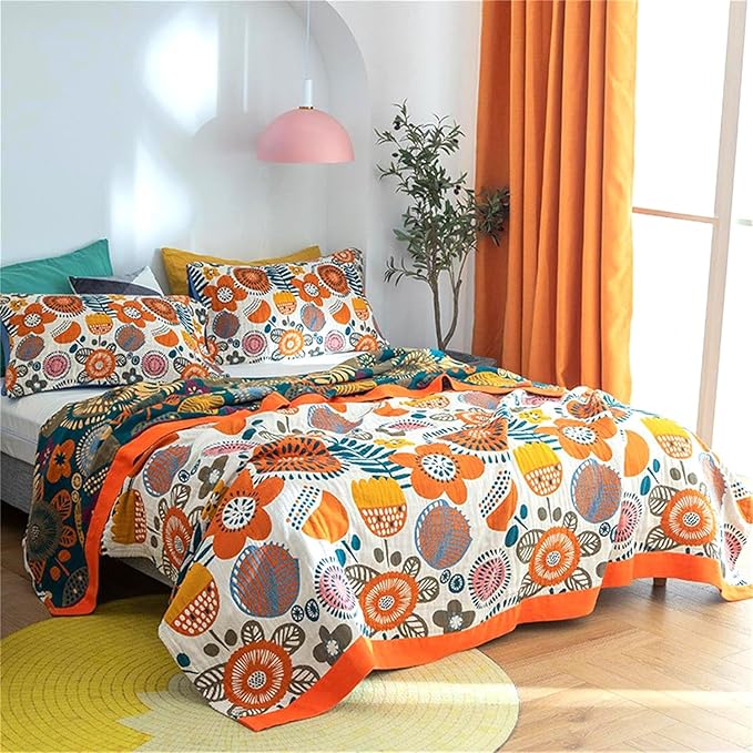Throw Blanket Queen Size Fall Blanket for Couch Bed 80''x90'',100% Cotton Woven Muslin Blankets Travel Soft Warm Mexican Blankets Boho Quilt Home Decor for Women