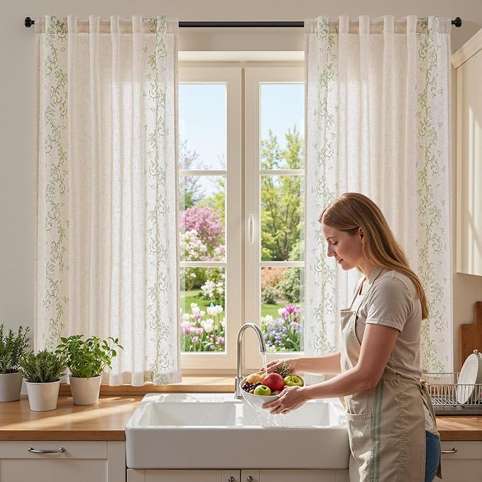jinchan Evelyn Embroidered Linen Curtains 63 inch Floral Curtains for Living Room Bedroom Farmhouse Cottagecore Semi Sheer Light Filtering Window Drapes Rod Pocket 2 Panels W50 x L63 Sage Green