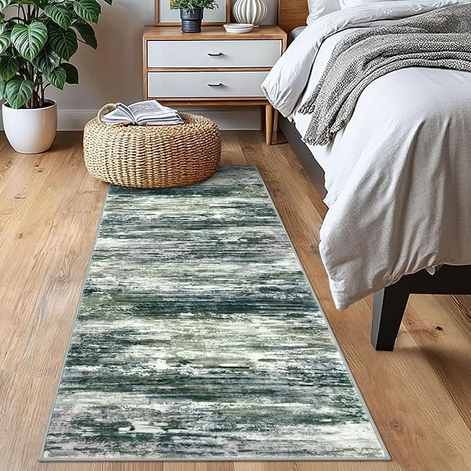 KOZYFLY Modern Abstract Runner Rugs 2x6 Green Yellow Machine Washable Area Rug for Bedroom Non-Slip Living Room Rug, Faux Wool Soft Low Pile Office Carpet for Dining Room, Bedroom, Kitchen Bathroom