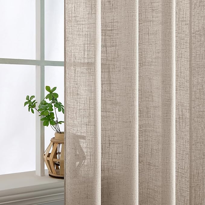 MIULEE Natural Linen Curtains 45 Inch Length 2 Panels for Bedroom Living Room, Soft Linen Textured Window Drapes Semi Sheer Light Filtering Back Tab Rod Pocket Farmhouse Modern Burlap Look Decor