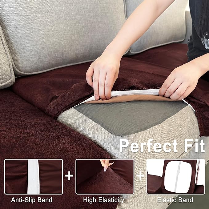 Leather Look Couch Cushion Covers Sofa Seat Slipcovers Sets Couches Furniture Protector for Sectional Armchair Loveseat Pets Kids Stretch Spandex Fabric (1 Cushion Armchair, Burgundy)