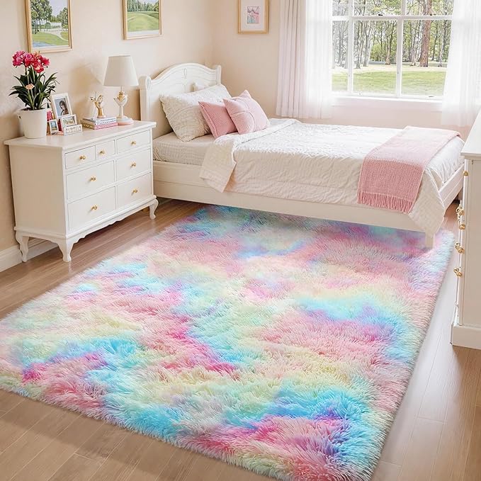 Ophanie Rainbow Rug for Bedroom Girls, Unicorn Colorful Fluffy Soft Cute Fuzzy Area Rugs, Shag Plush Shaggy Bedside Floor 4x6 Furry Carpet for Kids Baby Teen Dorm Nursery Home Decor Aesthetic