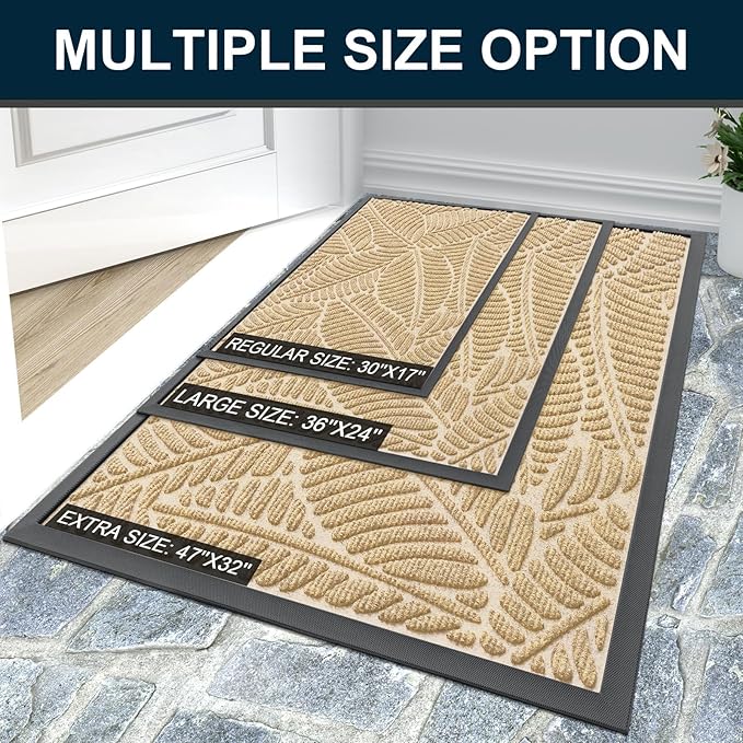 Colorxy Waterproof Doormat, Sturdy Natural Rubber Front Indoor Mat, Non Slip Low Profile Indoor Outdoor Door Mats, Stain and Fade Resistant Floor Mat, Easy Clean Patio Entrance Mat, 30''x17'', Beige