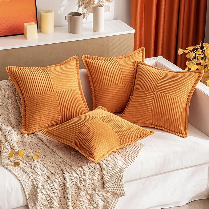 MIULEE Burnt Orange Decorative Throw Pillow Covers for Couch Bed Livingroom 18x18 Inch Set of 2 Boho Accent Throw Pllows Broadside Striped Patchwork Soft Corduroy Pillowcases