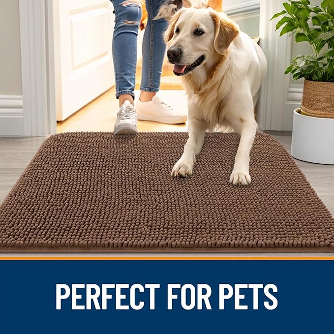 OLANLY Dog Door Mat for Muddy Paws 47x24, Absorbs Moisture and Dirt, Absorbent Non-Slip Washable Doormat, Quick Dry Chenille Mud Mat for Dogs, Entry Indoor Entryway Carpet for Inside Floor, Mocha