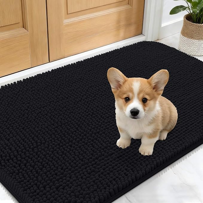 OLANLY Dog Door Mat for Muddy Paws 30x17, Absorbs Moisture and Dirt, Absorbent Non-Slip Washable Doormat, Quick Dry Chenille Mud Mat for Dogs, Entry Indoor Entryway Carpet for Inside Floor, Black