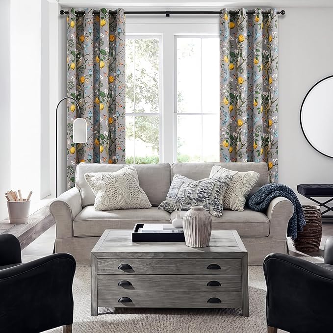 Topfinel Gray Patterned Curtains 96 Inch Long for Living Room, Bedroom Blackout Elegant Vintage Botanical Floral Hummingbird Drapes Grommet Window Treatments for Sliding Door 2 Panel 96 Inch Length