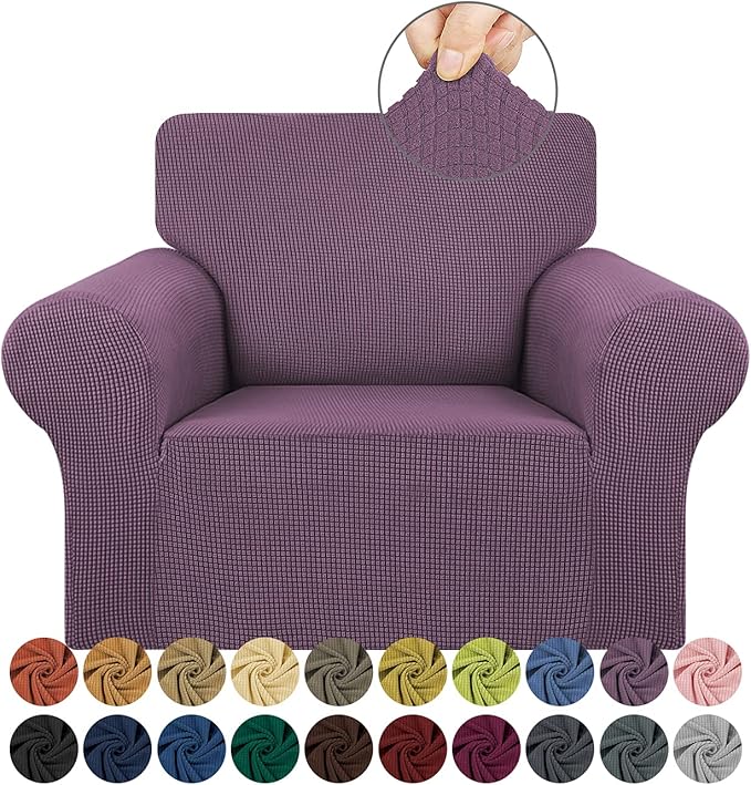 KEKUOU Stretch Single Sofa Slipcover 1 Piece Couch Sofa Cover (31"-55") Furniture Protector 1 Seater Sofa with Elastic Bottom for Kids,Pet.Jacquard Small Checked Pattern Fabric(Small,Dark Purple)