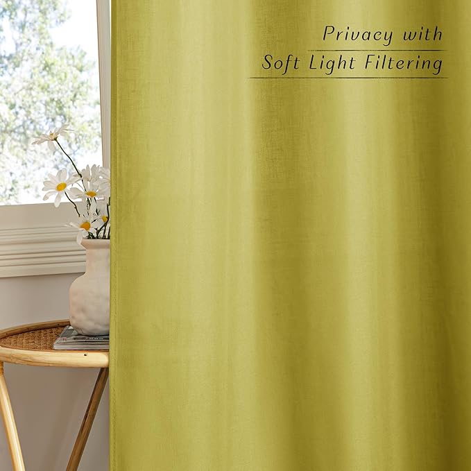 NICETOWN Bright Yellow Linen Curtains for Kitchen, Thick Flax Small Window Treatments Semi Sheer Privacy Assured with Light Through for Cafe/Bathroom, W55 x L84, 2 Panels