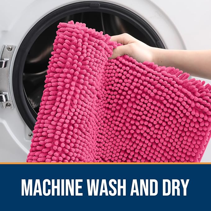 OLANLY Dog Door Mat for Muddy Paws 40x32, Absorbs Moisture and Dirt, Absorbent Non-Slip Washable Doormat, Quick Dry Chenille Mud Mat for Dogs, Entry Indoor Entryway Carpet for Inside Floor, Hot Pink