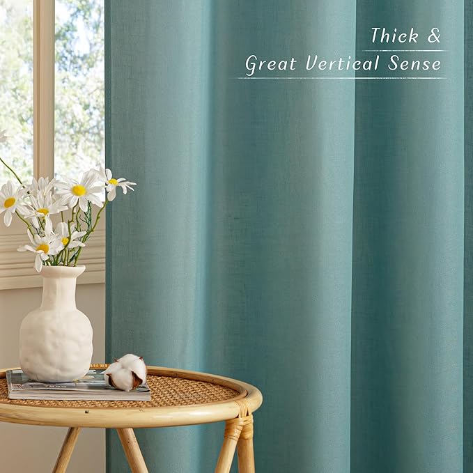 NICETOWN Greyish Blue Linen Curtains for Kitchen, Thick Flax Small Window Treatments Semi Sheer Privacy Assured with Light Through for Cafe/Bathroom, W55 x L84, 2 Panels