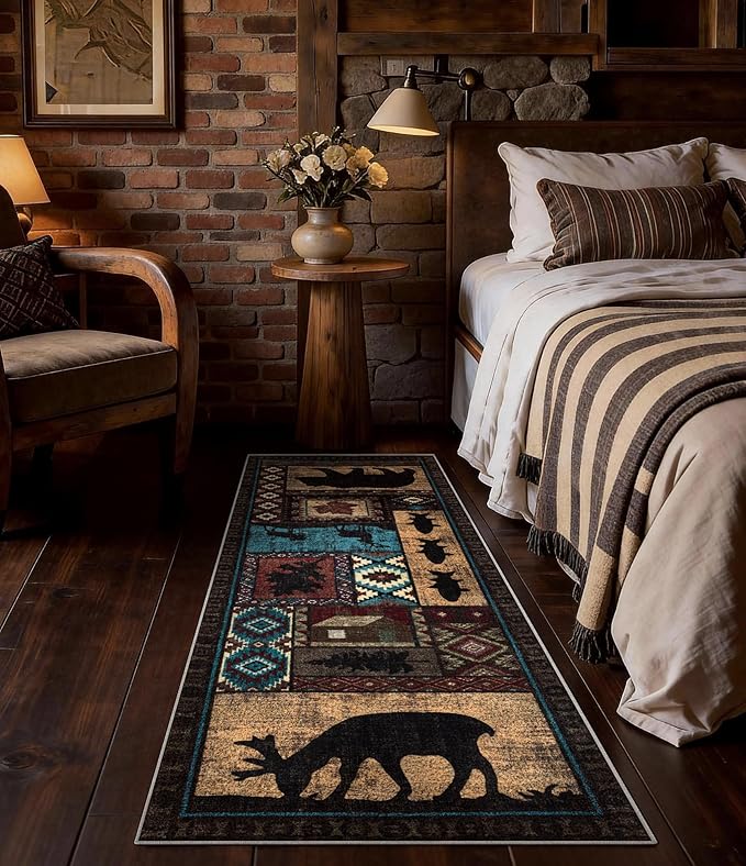 Hallway Runner Rug 2x6 Indoor Door Mat - Bear Rustic Cabin Non-Slip Entryway Rug, Low Pile Tribal Print for Kitchen, Bedroom