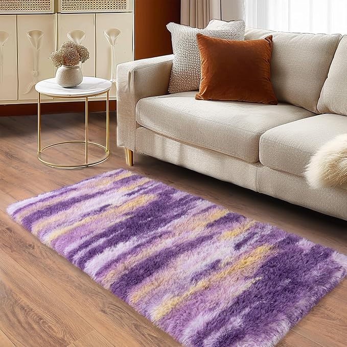 Soft Runner Rugs for Bedroom Hallways, 2x4 Abstract Purple Fluffy Shag Throw Area Rug Non Slip for Bedside Dorm, Long Shaggy Furry Carpet for Nursery Living Room