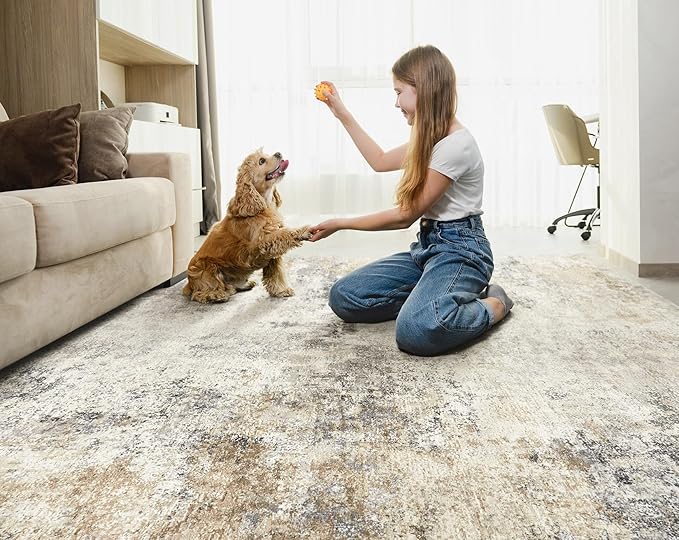 UERMEI 7x9 Area Rug Living Room Rugs - Washable Neutral Modern Abstract Soft Thin Large Rug Indoor Floor No Slip Rug Carpet for Bedroom Under Dining Table Home Office Decor - Golden Grey