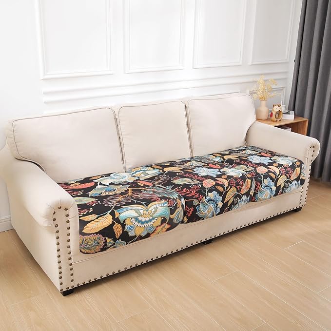 hyha Printed Couch Cushion Covers, Floral Sofa Covers Washable for 3 Cushion Couch, Stretch Pattern Outdoor Cushion Covers for Patio Furniture with Elastic Bottom(3 Packs, Floral)