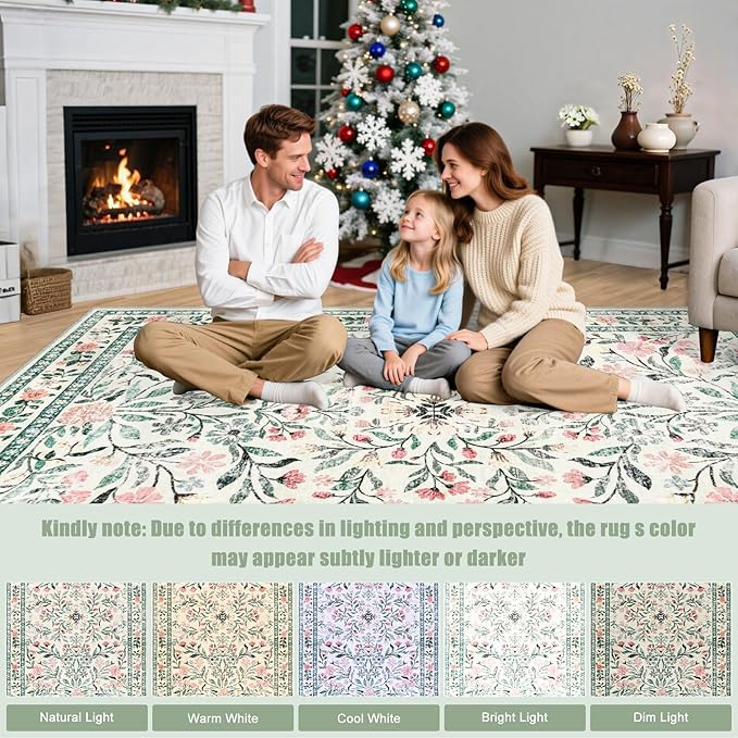 Round Area Rug for Living Room: 4 ft Floral Washable Circle Rug Soft Non-Slip Carpet Indoor Stain Resistant Low Pile Small Circular Rug for Bedroom Entryway Kitchen Nursery Home Office Green Beige