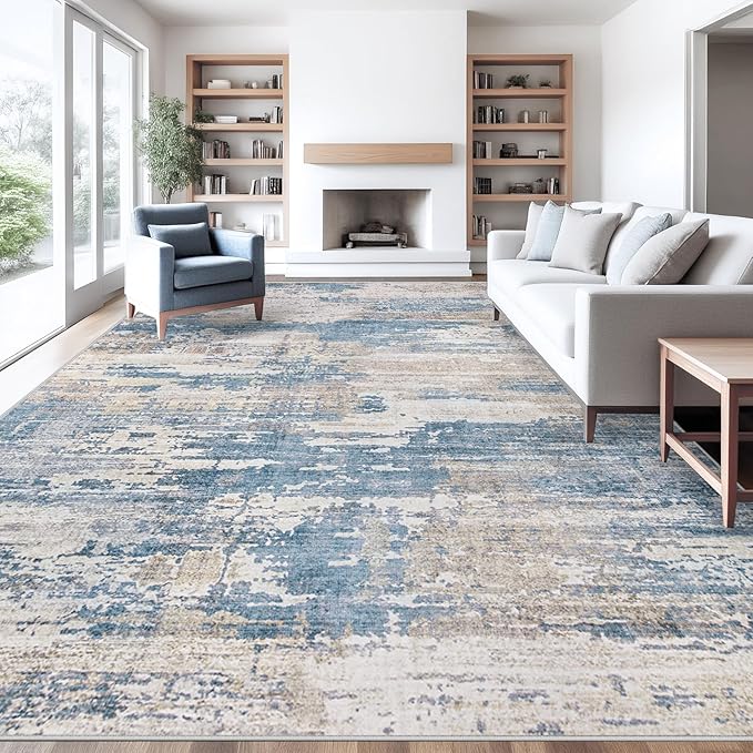 10x14 Area Rugs for Living Room, Washable Modern Abstract Large Area Rug Neutral Soft Non Slip Kids Rug Stain Resistant Indoor Carpet for Bedroom Dining Room Playroom Office(BlueBeige, 10'x14')
