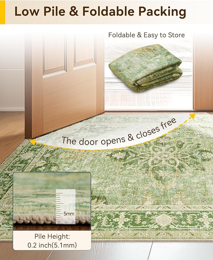 Area Rugs 3'x5' Washable Non-Slip, Floral Vintage Distress Print Pattern Medallion Carpet for Living Room Bedroom Dining Room, Sage Green Yellow