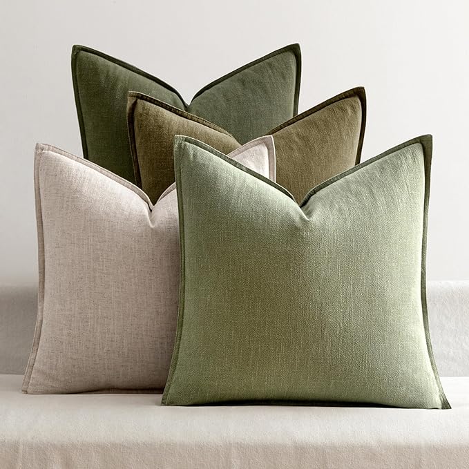 MIULEE Green and White Pillow Covers Pack of 4 Decorative Natural Solid Throw Pillow Covers Soft Accent Boho Farmhouse Couch Pillowcases Modern Spring Decor for Living Room Bed Sofa 18x18 Inch