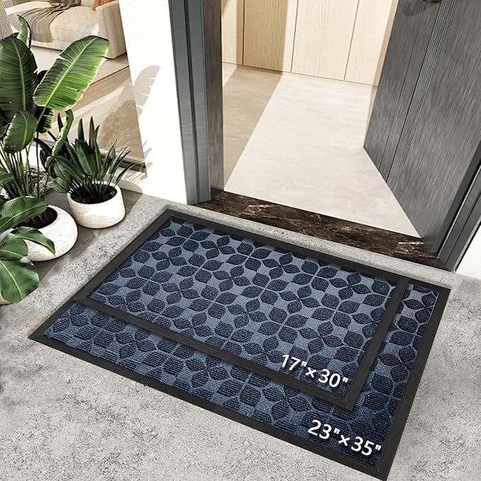 Bulijojo Sturdy Front Entrance Doormats,Durable Heavy Duty Welcome Mat,Thick Absorbent Natural Rubber Non Slip Mat,Easy Clean Entryway Mat 17"x30" Geometric Blue